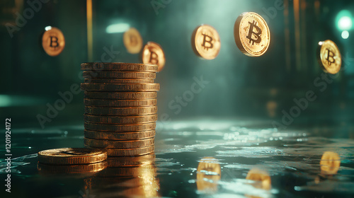 Stacked Bitcoin Coins with Floating Gold Coins in Background photo