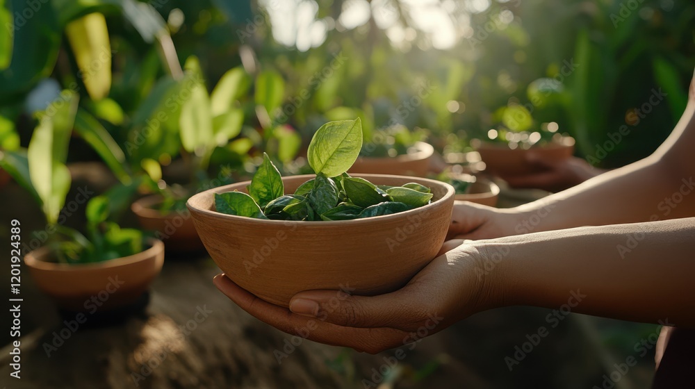 Sunlight bathes over hands presenting leafy greens in clay bowls, embodying freshness, abundance, and a deep appreciation for nature's bounty. Sunlight bathes over hands presenting leafy greens in clay bowls, embodying freshness, abundance, and a deep appreciation for nature's bounty.