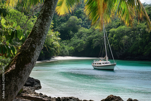 Luxury sailboat anchored in a secluded cove