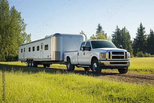 Truck towing a horse trailer to a riding competition