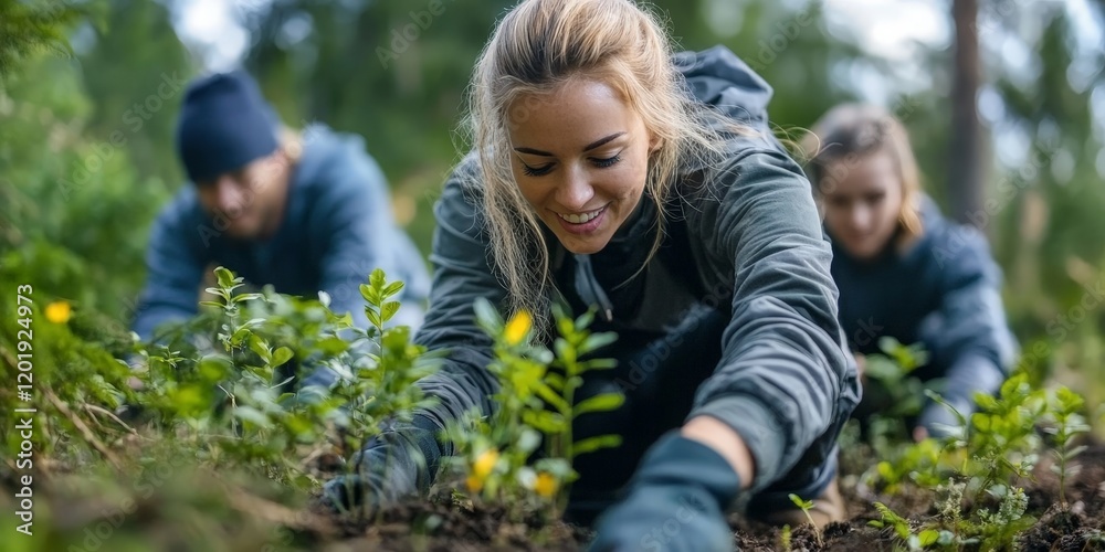 Volunteers planting saplings in a lush forest, symbolizing teamwork and ecological restoration. Great for environmental campaigns and sustainability projects. Volunteers planting saplings in a lush forest, symbolizing teamwork and ecological restoration. Great for environmental campaigns and sustainability projects.
