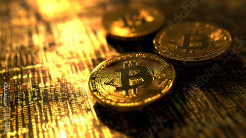 Golden Bitcoin on a Wooden Surface with Warm Lighting photo