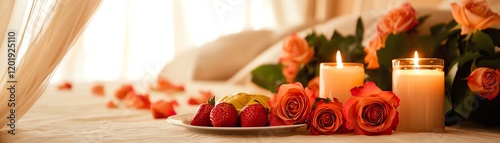 A romantic setting featuring rose petals, candles, and fresh fruits, ideal for a cozy and intimate atmosphere.