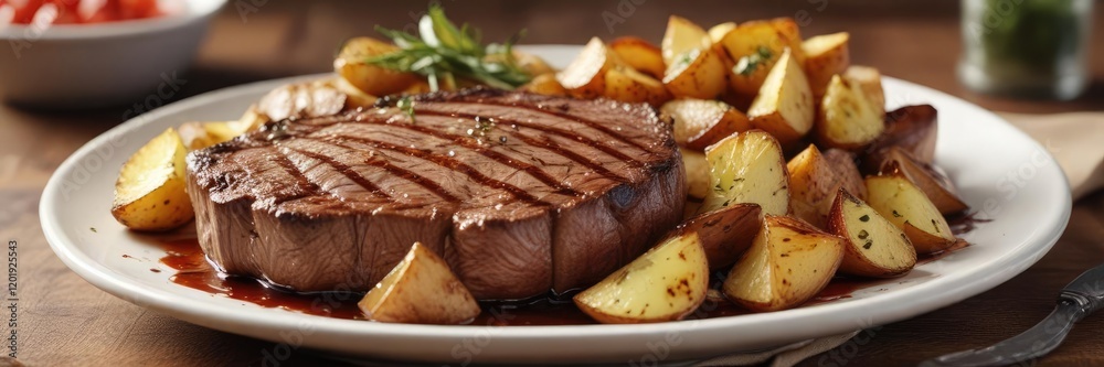 A hearty plate of grilled steak and roasted potatoes with a drizzle of sauce , grilled steak, meal, dinner A hearty plate of grilled steak and roasted potatoes with a drizzle of sauce , grilled steak, meal, dinner