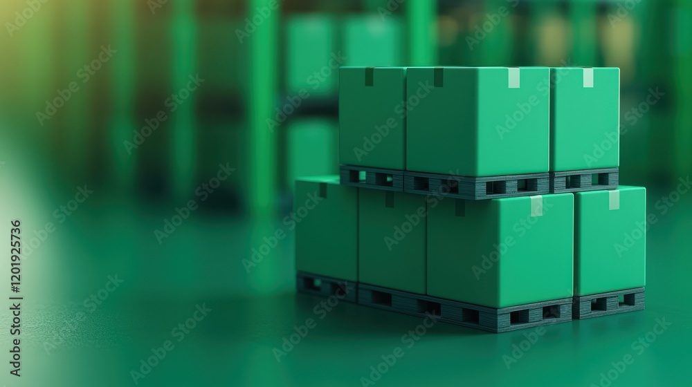 Stacked green boxes on pallets in a warehouse setting. Stacked green boxes on pallets in a warehouse setting.