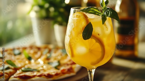 Yellow sangria poured from a jug into a glass and pizza food