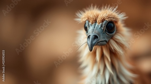 Curious Bird Portrait: A close-up portrait of a fluffy, brown and blue bird with striking dark eyes. The bird stares directly at the camera, seemingly curious about its surroundings.