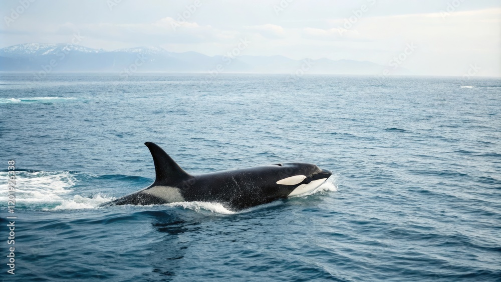 A killer whale swims alone in a vast ocean on a white background, wildlife photography, blue ocean, underwater scene A killer whale swims alone in a vast ocean on a white background, wildlife photography, blue ocean, underwater scene