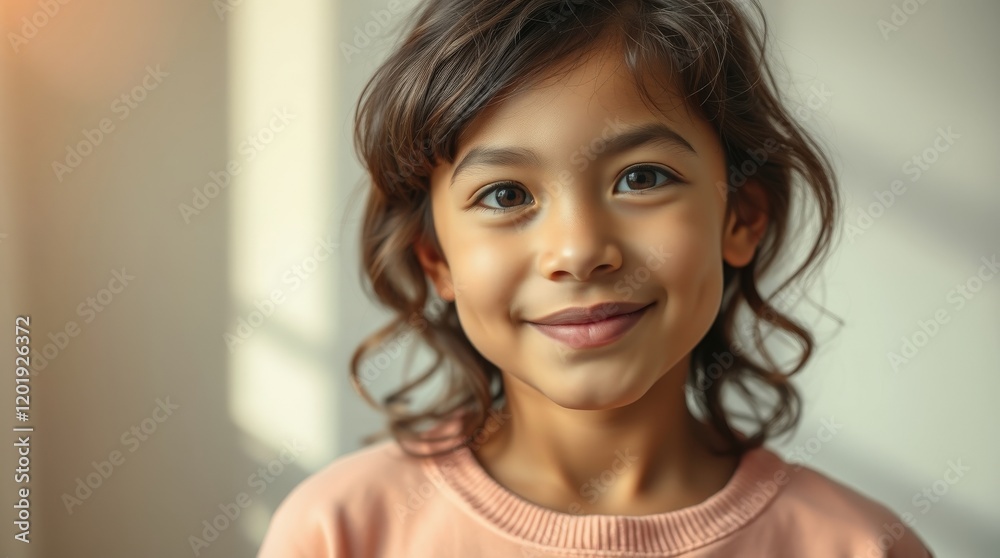 Smiling Child Portrait: A close-up portrait of an adorable young girl with dark curly hair and warm brown eyes, offering a sweet, genuine smile. The soft lighting enhances her youthful radiance. Smiling Child Portrait: A close-up portrait of an adorable young girl with dark curly hair and warm brown eyes, offering a sweet, genuine smile. The soft lighting enhances her youthful radiance.