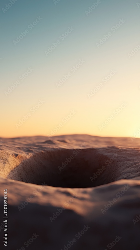 Naklejka premium A deep hole in the ground under a vast sky at sunset.