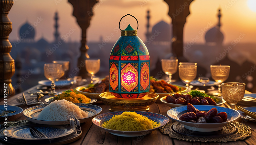 Fototapeta premium Warm and Inviting Traditional Iftar Meal with Delicious Dishes