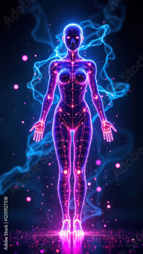 A digital rendering of an AI-generated humanoid female figure with glowing cybernetic elements set against a cosmic backdrop.