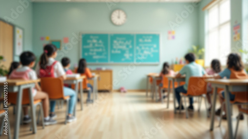A vibrant classroom filled with students attentively learning from a green chalkboard. photo