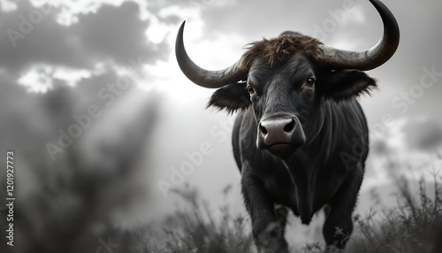 Majestic Black Bull Dramatic Portrait Powerful Horns photo