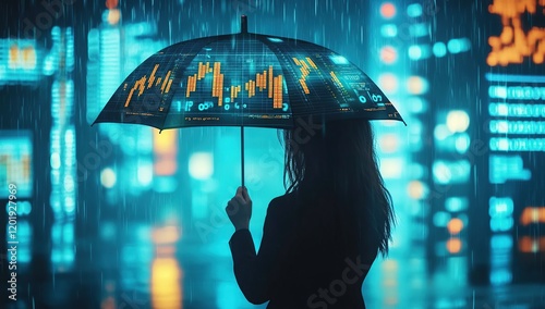 A businesswoman holding an umbrella with stock market charts and graphs on it