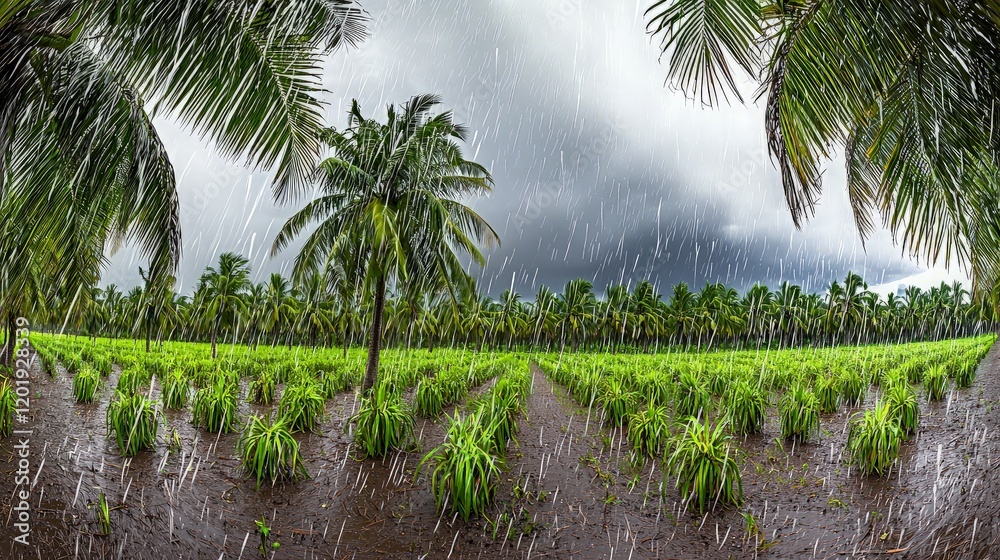 Tropical rain pours on sugarcane field. Use Weather, agriculture. Tropical rain pours on sugarcane field. Use Weather, agriculture.