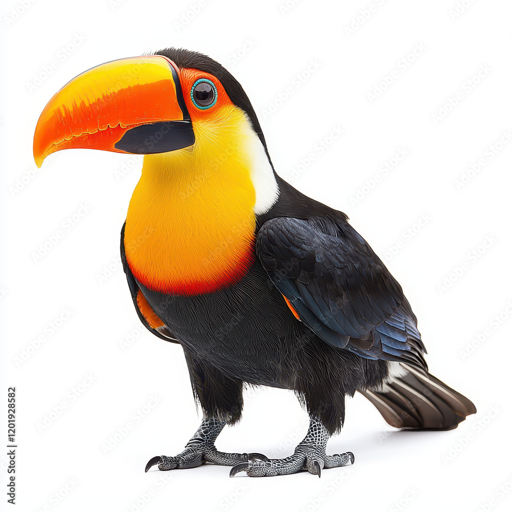 Naklejka premium Colorful toucan with large beak, standing on white background
