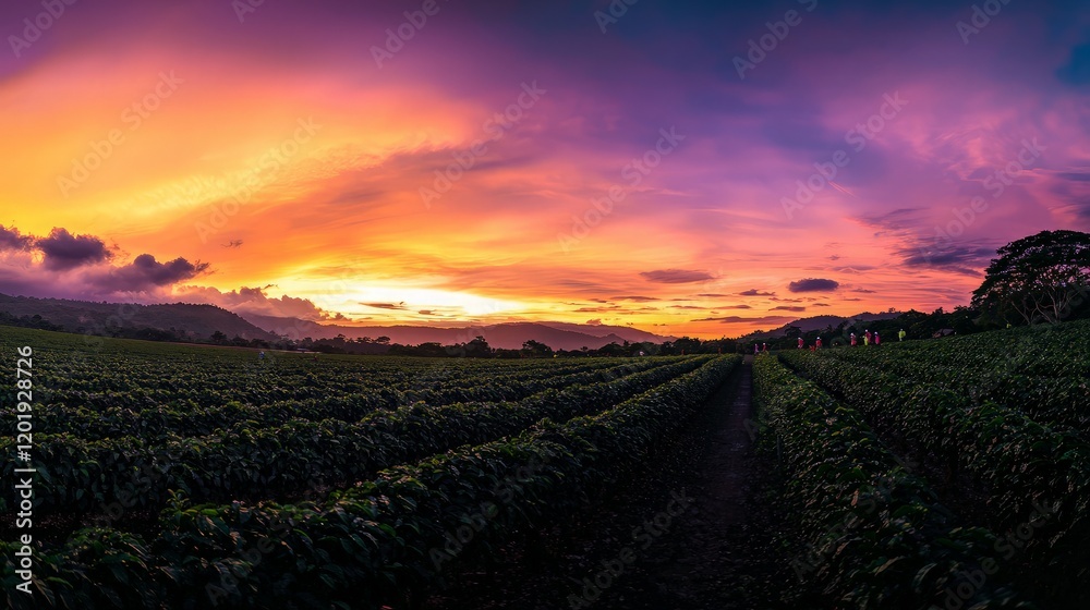 Vibrant sunset over coffee plantation rows. Vibrant sunset over coffee plantation rows.