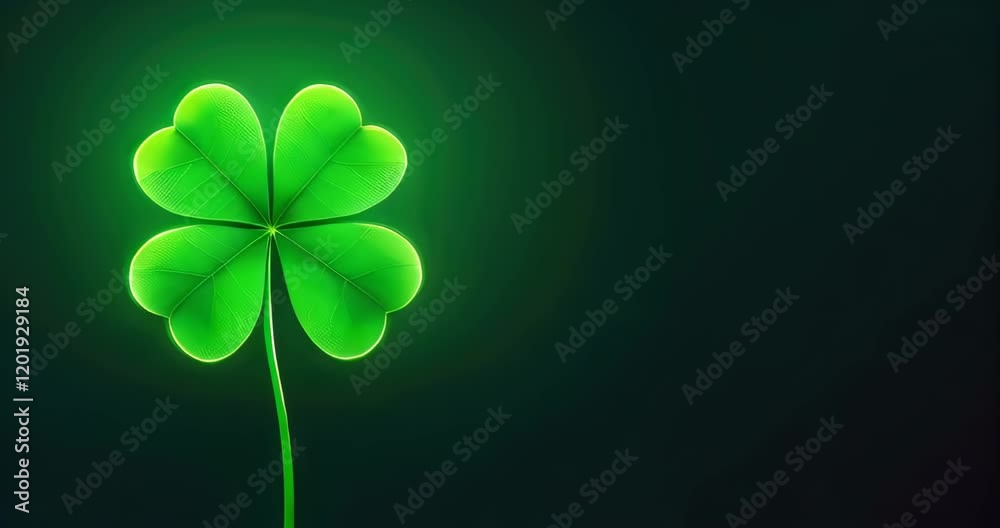 Neon shining four-leaf shamrock leaf banner on Saint Patrick day with copy space on dark green background.