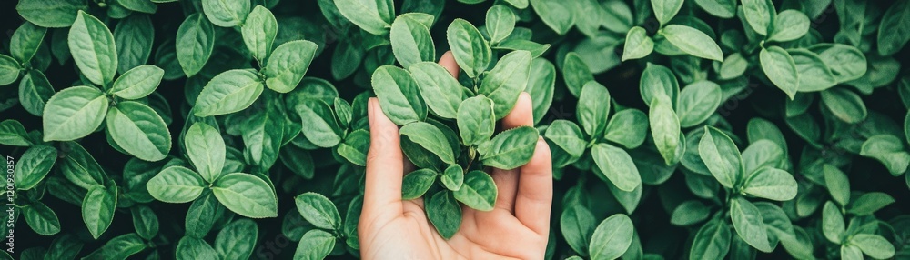 Hand holding green plant, lush foliage background. Eco-friendly concept Hand holding green plant, lush foliage background. Eco-friendly concept