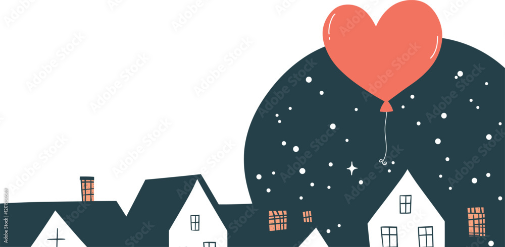 Fototapeta premium Charming Houses with Heart Balloon in Flat Design Vector Art