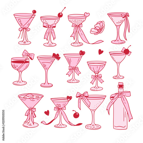 Coquette Cocktails set. Cute y2k aesthetic glasses with crafts bows, pink ribbon. Decoration valentine party elements. Flat contour hand drawn vector illustration,