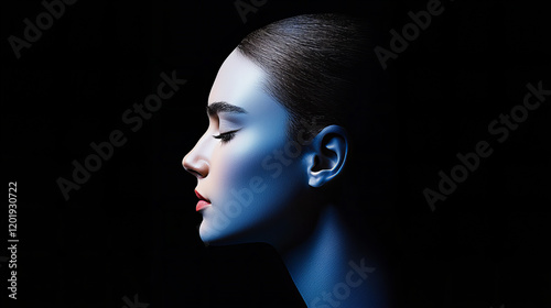 Profile of a woman illuminated in cool blue light with strong features against a dark background