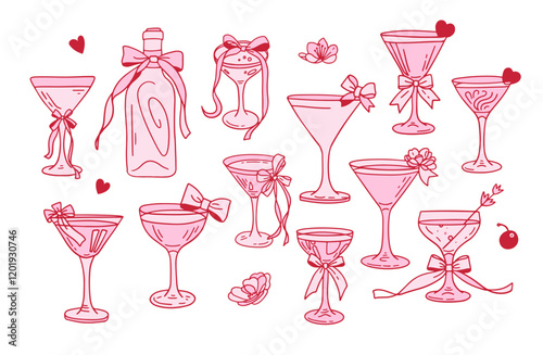 Coquette Cocktails set with flower, cherry and bottle. Cute y2k aesthetic glasses with crafts bows, pink ribbon. Decoration valentine party elements. Flat contour hand drawn vector illustration,