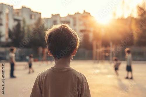 Lonely child watching others play at sunset on a playground, reflecting feelings of isolation and low self-esteem