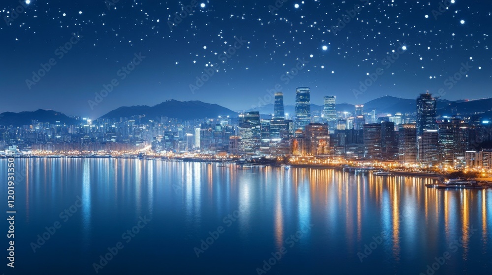 Night City Skyline with Starry Sky Reflection Night City Skyline with Starry Sky Reflection