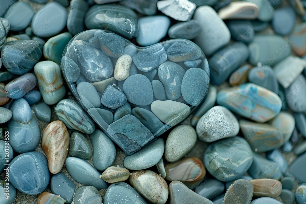 Glass heart filled with smooth pebbles rests on a bed of rocks, creating a serene and romantic scene Glass heart filled with smooth pebbles rests on a bed of rocks, creating a serene and romantic scene
