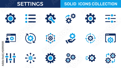 Settings, icon set. Containing options, configuration, preferences, adjustments, operation, gear, control panel, equalizer, management, optimization and productivity icons. Solid icon collection.