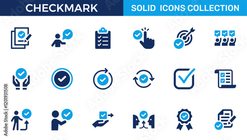 Checkmark icon set. Containing check, accept, agree, selected, confirm, approve, correct, complete, checklist, and verified icons. Solid icon collection.