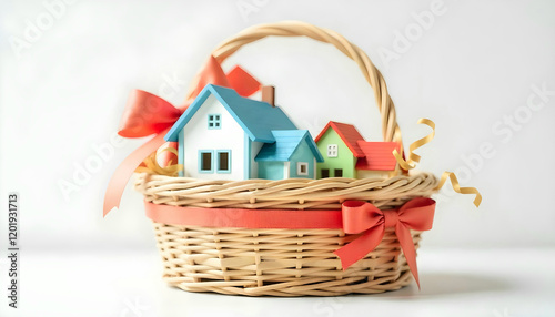 A woven basket filled with colorful miniature houses, including a blue house with a triangular roof, a green house, and a small red house. The basket is decorated with a large red bow and golden curli photo