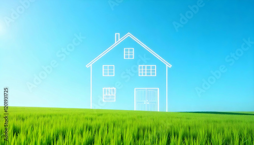 Wallpaper Mural A minimalist outline of a house with a pitched roof, featuring multiple windows and a double door, set against a bright blue sky and green grassy landscape. The house is depicted in white lines, creat Torontodigital.ca