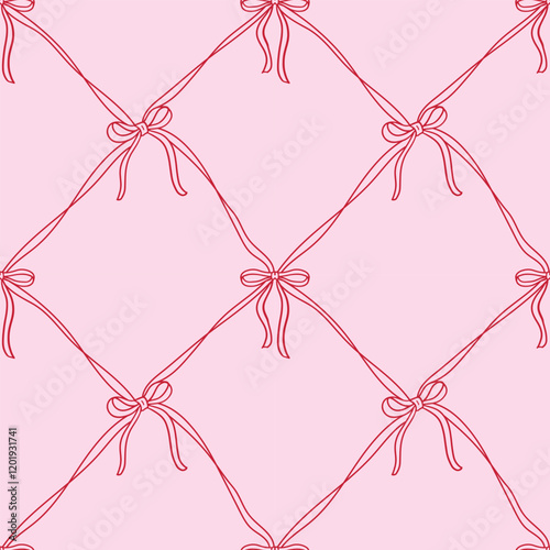 Retro coquette seamless pattern with thin ribbons and bows. Vector vintage background. Girly coquettish aesthetic for Valentines day