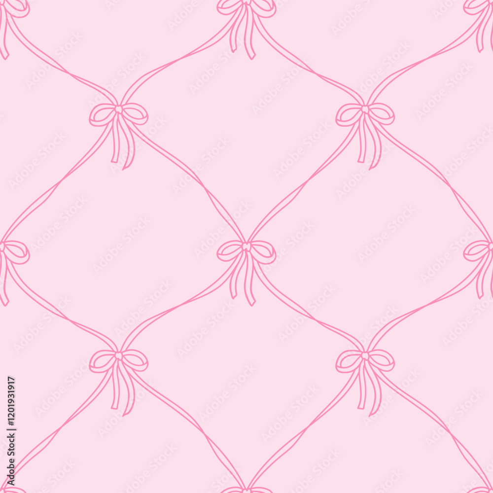 Retro coquette seamless pattern with thin ribbons and bows. Vector vintage background. Girly coquettish pastel aesthetic for Valentines day