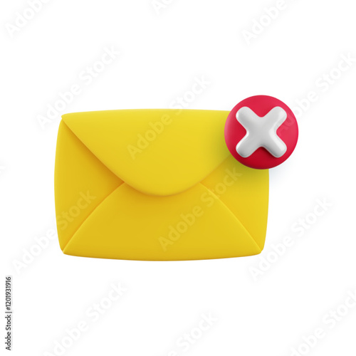 Vector cartoon 3d error message icon. 3d render closed yellow envelope with red x cross sign. Warning email sign, rejection document, stop spam mail, delete virus e-correspondence, wrong address