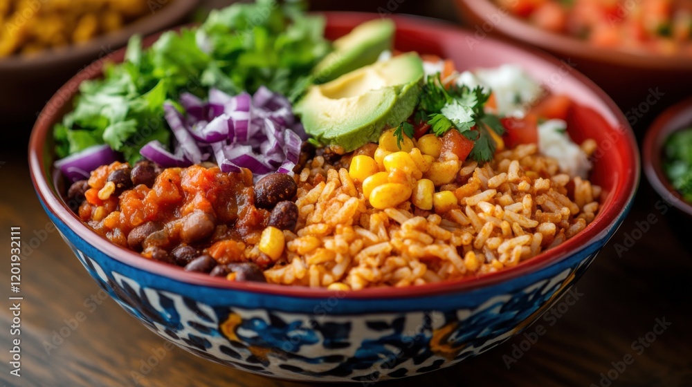 Image of rice and Mexican burrito bowl with beans and salsa in a colorful ceramic bowl, emphasizing vibrant and hearty aspects. Ideal for Mexican cuisine and casual meals. Image of rice and Mexican burrito bowl with beans and salsa in a colorful ceramic bowl, emphasizing vibrant and hearty aspects. Ideal for Mexican cuisine and casual meals.