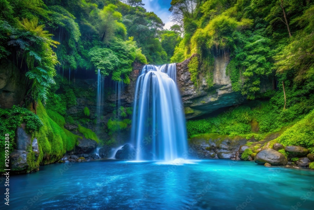 Fototapeta premium Blue dripping waterfalls down a stone cliffside, with lush green foliage in the background, scenic spot, erosion, water feature, riverbed, turquoise