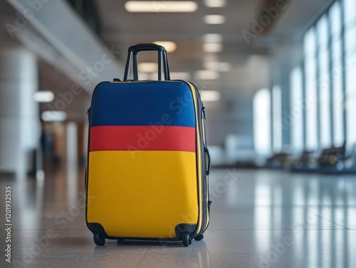 Vibrant suitcase in modern airport terminal. photo