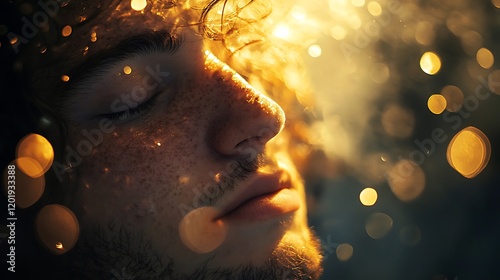 A portrait of an adult with light softly illuminating their face conveying a peaceful and introspective atmosphere