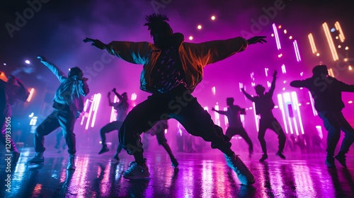 Vibrant Street Dance Under Neon Lights photo