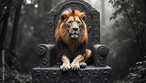 Majestic Lion Enthroned: A Darkly Romantic Forest Portrait photo