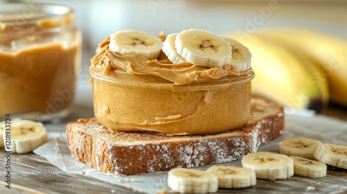 A jar of peanut butter with a slice of toast spread with peanut butter and banana slices on top photo