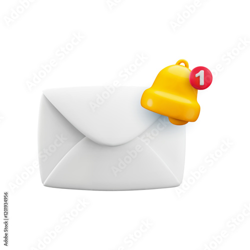 Vector cartoon 3d New message notice icon. Cute realistic 3d render envelope with bell notification sign. Email incoming message reminder. Subscribe to newsletter symbol for web, social media app.