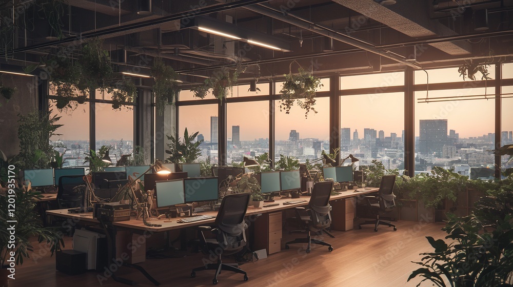 Fototapeta premium Modern office interior with city view, plants, and workstations.