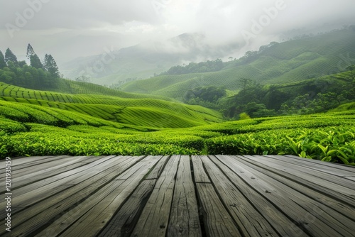 Clear Pixel Visual of Lush Green Tea Plantations with Wooden Deck, Misty Sky photo