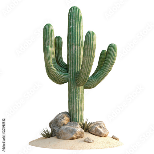 A large saguaro cactus stands tall in a desert setting with rocks and sand, a stark yet beautiful scene.
