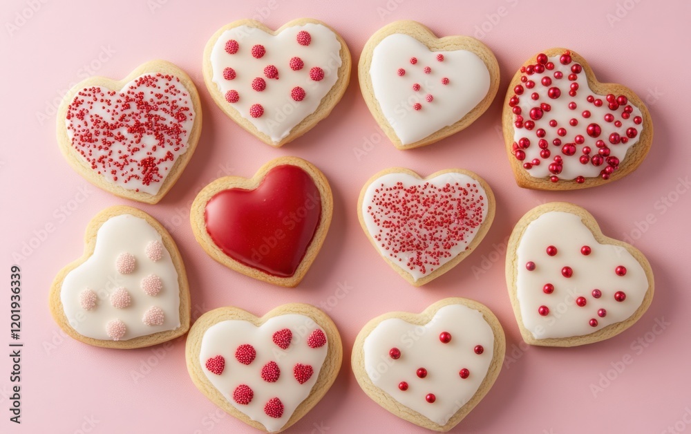 Heart-shaped cookies with vibrant decorations arranged on a pink surface for a festive celebration Heart-shaped cookies with vibrant decorations arranged on a pink surface for a festive celebration